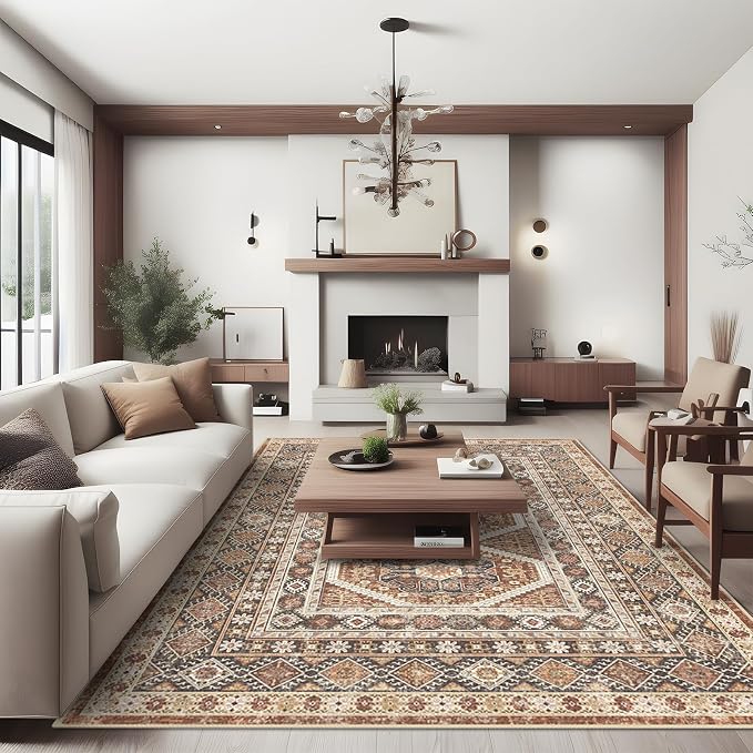 8x10 Washable Area Rugs: Large Non-Shedding Oriental Living Room Rug Super Soft Vintage Bedroom Carpet Ultra Thin Farmhouse Distressed Indoor Rug for Kitchen 8x10 Brick