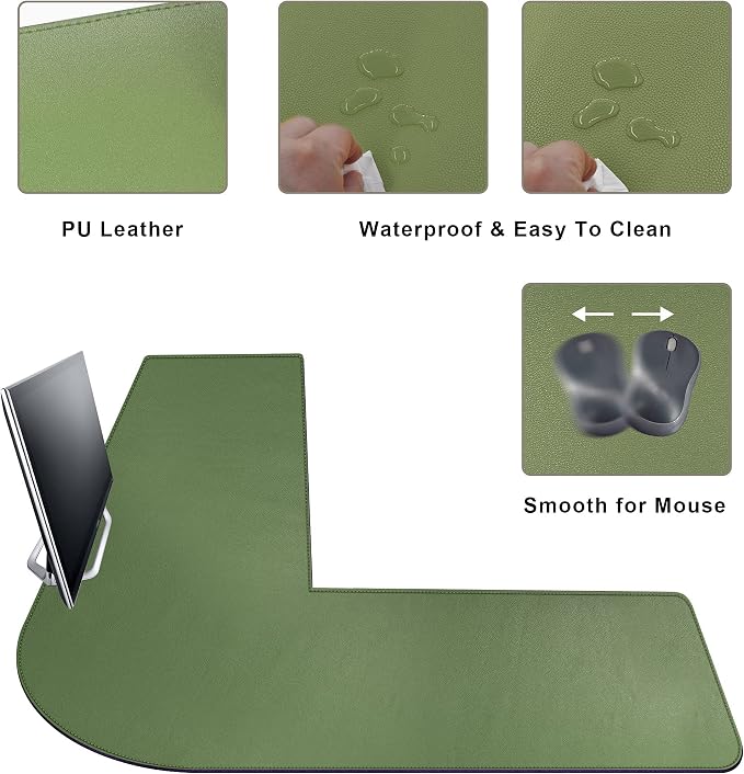 Mydours L-Shape Desk Pad, 54" L x 54" L x 16" W Mega PU Leather Corner Computer Keyboard Desk Mat Blotter, XXL Large Gaming Mouse Pad for Home and Office Desktop (Green)