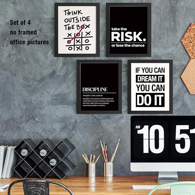 DSHFG Inspirational Office Motivational Wall Art Decor Prints Set of 4, Black Motivational Wall Decor Trendy Retro Posters for Office Home Decor, 12x16 Unframed