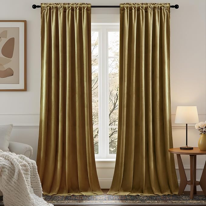 108 Inch Extra Long Velvet Blackout Curtains for Bedroom & Living Room, Thermal Insulated Room Darkening Drapes Luxury Heavy Curtain with Back Tab & Rod Pocket, W52 x L108, Gold Brown, 2 Panels