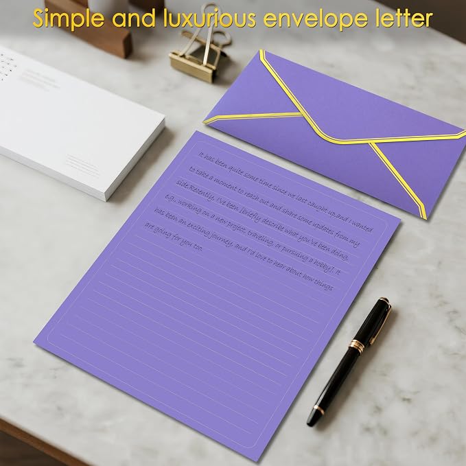 J6&H6 Gold Thread Stationary Paper and Envelopes Set Including 12 Standard Sized Phnom Penh Envelopes and 24 Sheets of Lined Paper Suitable for Daily Emotional Expression Formal Communication(purple)