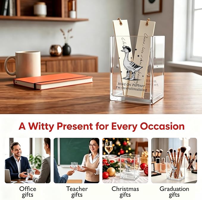 Funny Cowboy Goose Office Acrylic Cosmetic Pen Pencil Holder Cup, Hold On Partner Im Overstimulated Pencil Organizer, Humor Unique Desk Accessories, Sarcastic Gifts for Women Men(A51)