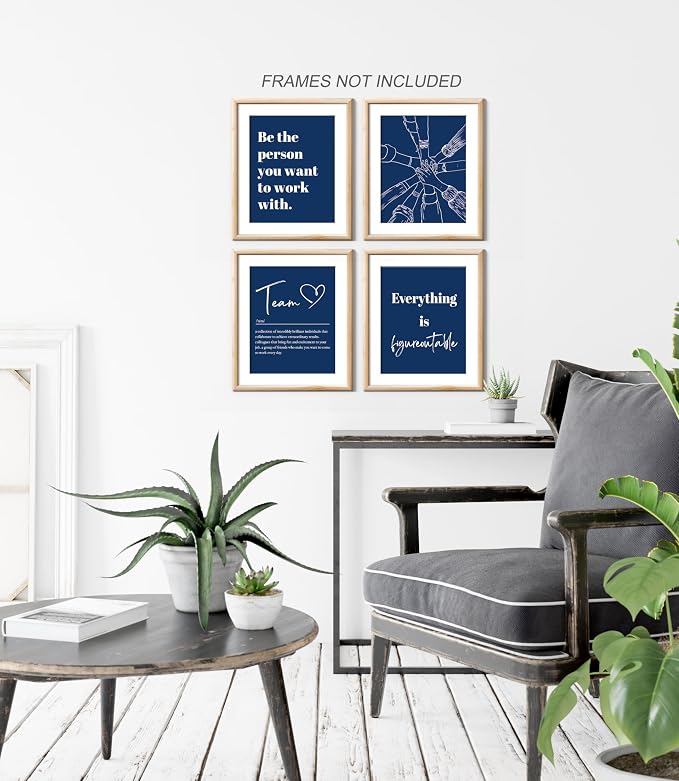 XWELLDAN Be The Person You Want to Work With Team Work Wall Art Decor, Motivational Office Artwork, 8x10 Unframed Set of 4 (Blue)