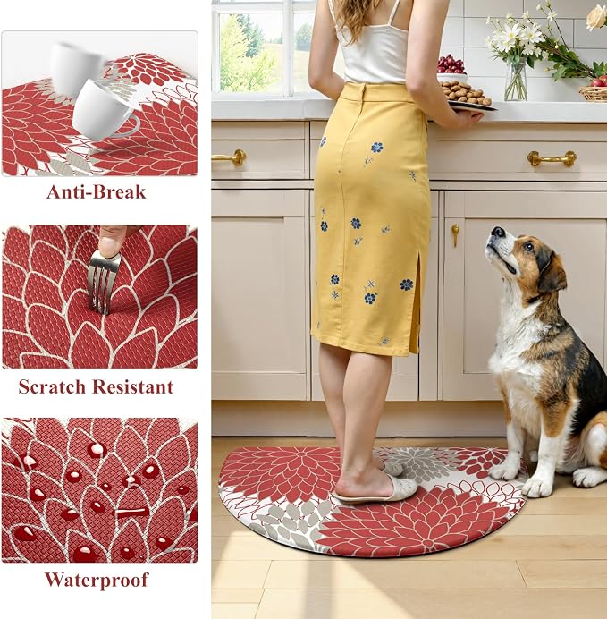 KIMODE Half Circle Kitchen Mats for Floor Cushioned Anti Fatigue Semi Round | Half Round,28"x18",Dahlia Boho,Red,Kitchen Rug Non Slip ,Waterproof Sink Floor Mat Carpet Decor for Laundry Bathroom