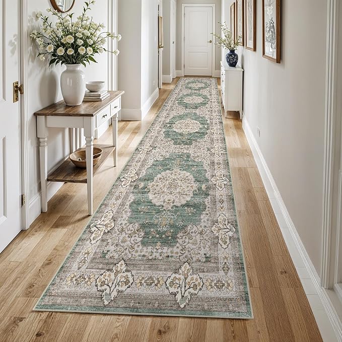3x12 Washable Hallway Runner Rug:Oriental Indoor Kitchen Rugs Vintage Door Mat Non Slip with Rubber Backing Low Pile Thin Carpet for Bedroom Bathroom Living Room Bedside (3x12 Green/Beige)