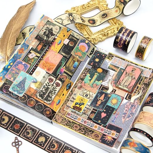 Gold Foil Washi Tape Set – 23 Rolls Tarot Washi Stickers Vintage Decorative Tapes for Journaling Supplies, Scrapbooking, DIY Crafts, Junk Journal, Craft Supplies(Celestial Symbols/ Starry/ Magic)