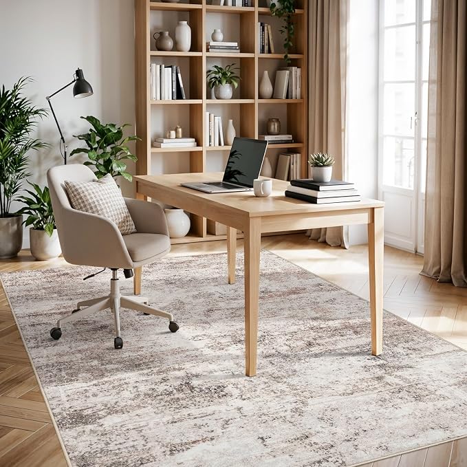 5x7 Area Rugs for Living Room: Abstract Washable Non Slip Bedroom Rug for Nursery Office - Modern Ultra Thin Stain Resistant Soft Low-Pile Throw Carpet for Boho Vintage Home Decor (5X7 Beige-Brick)