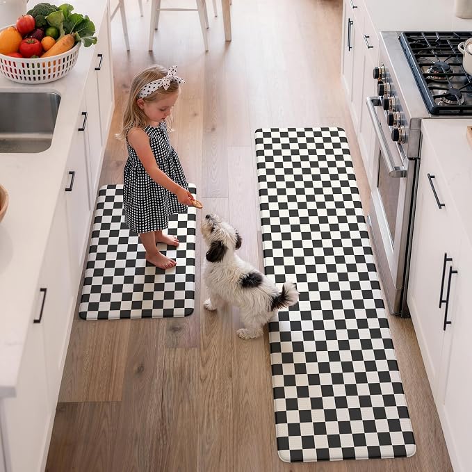 KIMODE Kitchen Mats Cushioned Anti Fatigue,Black and White Rugs for Kitchen | Padded Kitchen Floor Mats Non Slip, Farmhouse Plaid Home Decor, Laundry Room Rugs for Bath Sink Apartment RV 20"x71"+20"x32"