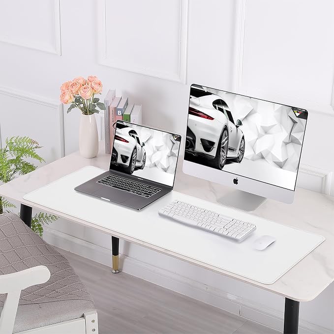 AFIING Leather Desk Pad Protector, Large Desk Mat with Natural Cork & PU Leather, Mouse Pad, Non-Slip, Waterproof Desk Writing Pad for Office and Home (White)
