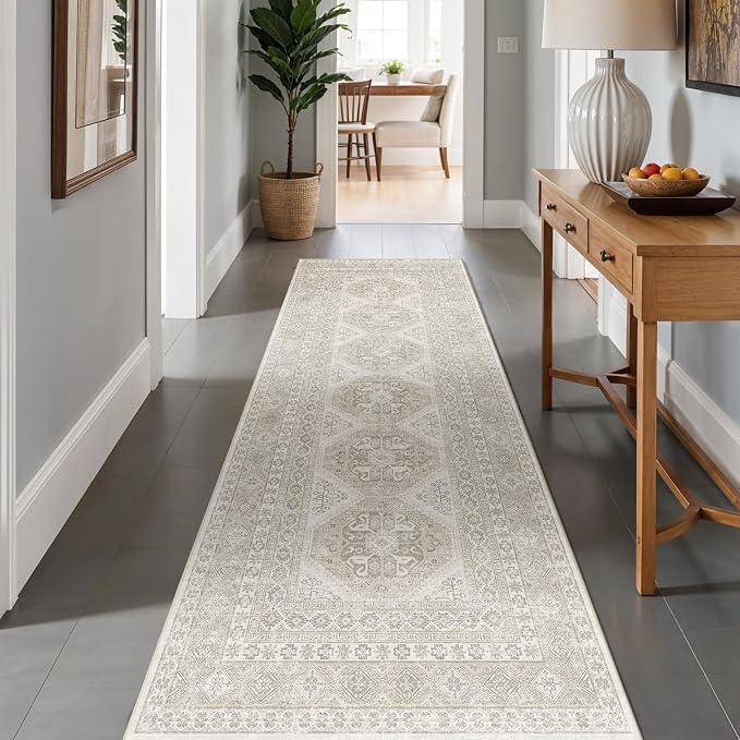 3x10 Runner Rug Kitchen Washable:Oriental Indoor Hallway Runners with Non Slip Backing Floor Mat for Entryway Door Low Pile Thin Carpet for Bedroom Bathroom Living Room Bedside (Beige, 3x10)