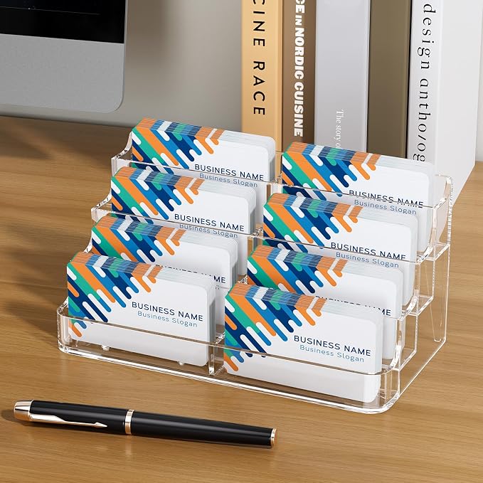 MaxGear 8 Pack Acrylic Business Card Holder, Card Display Stand, 8 Pockets | 4-Tier Freestanding Design, Clear Acrylic Construction, Fits Standard Business Cards for Reception, Office and Countertops