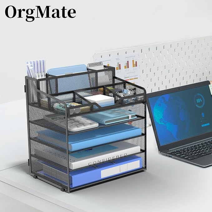 5 Tier Mesh Paper Desk Organizer with Pen Holders, Black | Features 3 pen holders, and 5 adjustable compartments for office school home desk storage