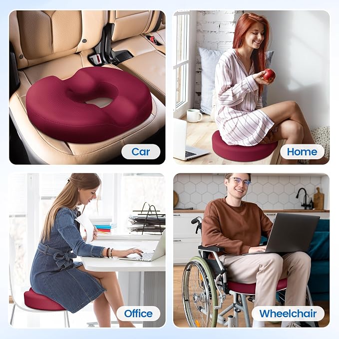 Donut Pillow Seat Cushion, Cooling Gel Memory Foam Chair Cushion, Red | Office, Home & Car Seat Cushion, Butt Pillow for Tailbone Pain Relief, Hemorrhoids and Everyday Sitting Comfort
