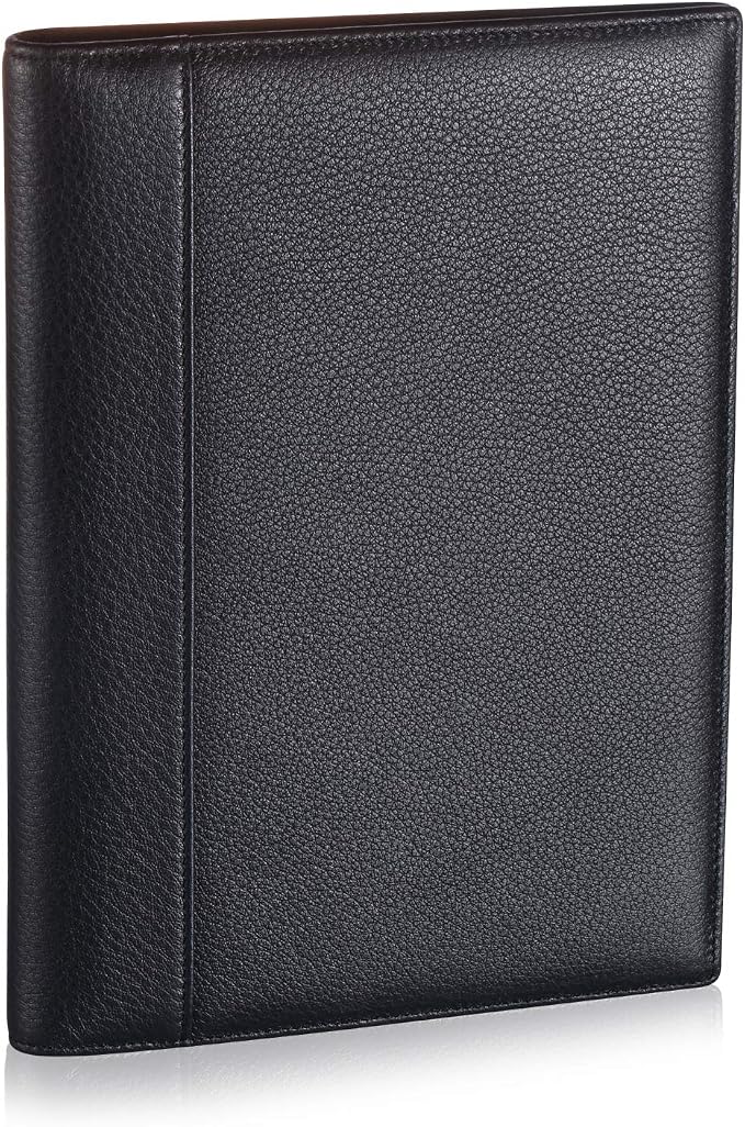 HISCOW Slim Leather Junior Padfolio, 5x8 Notepad Cover, Pebbled Black | Full-grain tumbled cowhide, top-loading legal pad holder, rigid pen loop, quick-access card slot, zipperless boardroom design