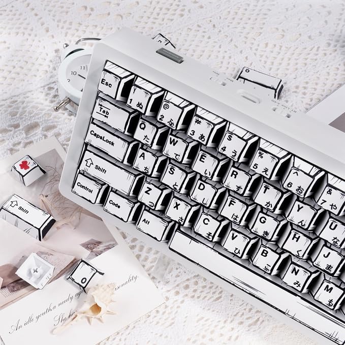 PBT Keycap Set Cherry Profile, Manga Themed Japanese Keycaps, Reto White Keyboard Key Caps Dye Sublimation KeyCap, 130 Keys Custom Cherry MX Key Cap for ANSI Layout Mechanical Keyboard