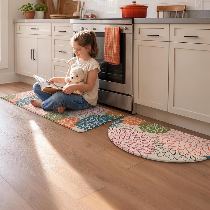 KIMODE Half Circle Anti Fatigue Mats for Kitchen Floor Rug Sets of 2 | 18"x28+18"x47",Orange,Half Round,2PCS,Dahlia Floral Boho,Non Slip,Waterproof,for Sink Office Laundry Bathroom Decor