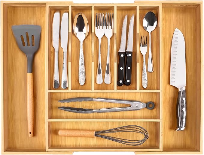 Large Premium Bamboo Silverware Organizer - Expandable Utensil Drawer Organizer - 17"x19.6" Utensil Holder and Cutlery Tray with Grooved for Kitchen Flatware and Utensils Mother's Day Gift