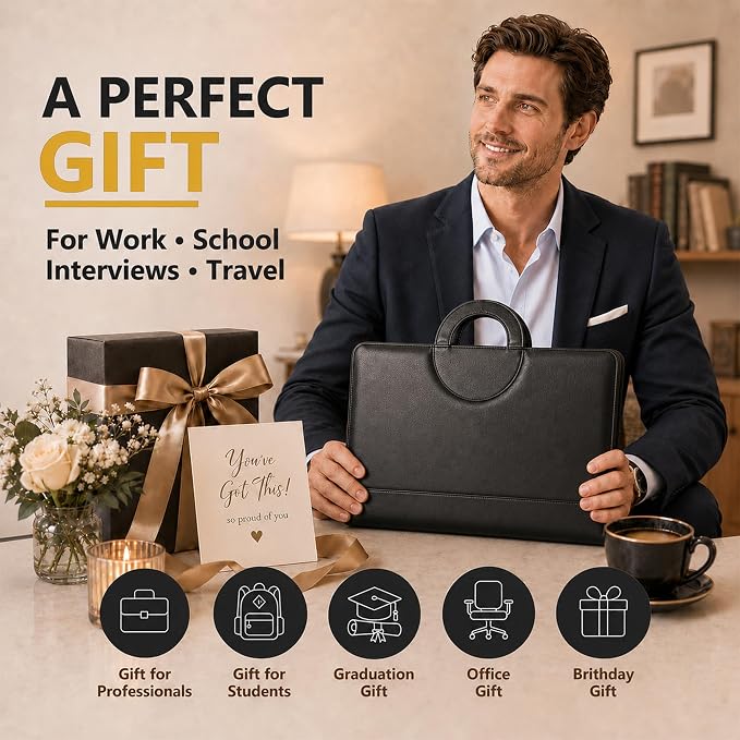 Darolin Vegan Leather Padfolio Portfolio with Handle, Zipper -Black | Business Portfolio Organizer for Meetings, Interviews, Travel, Resume, Clipboard Fits A4, Letter Size, Padfolio for Men Women