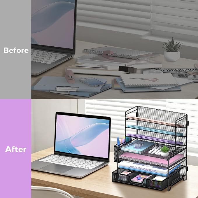 7-Tier Desk Organizer with Drawer and Pen Holder, Metal Letter Tray, Black | Metal Mesh File Organizer with Drawer for Paper, Notes and Office Supplies at Home, School or In the Classroom