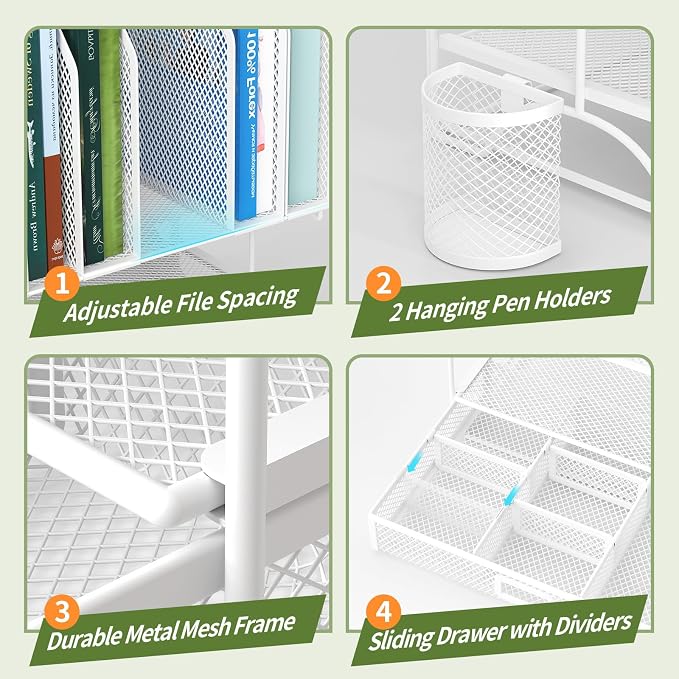 FANXIYQ Metal Desk Organizer with Sliding Drawer, 7-Section File Organizer for Desk, Desktop File Folder & Paper Organizer with 2 Hanging Pen Holders, Office Supplies Organizer, White