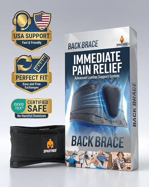 Sparthos Back Brace for Women & Men, Sciatica, Lower Back Pain - Black-LG