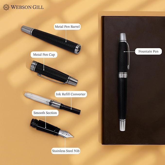 'Show Up' Black Luxury Executive Fountain Pen, Woven Polished Lacquer, Chrome Accents, Stainless Steel Nib, Easy Refill Ink Piston Converter, Smudge Free No Bleed, Fits Instant Insert Ink Cartridges