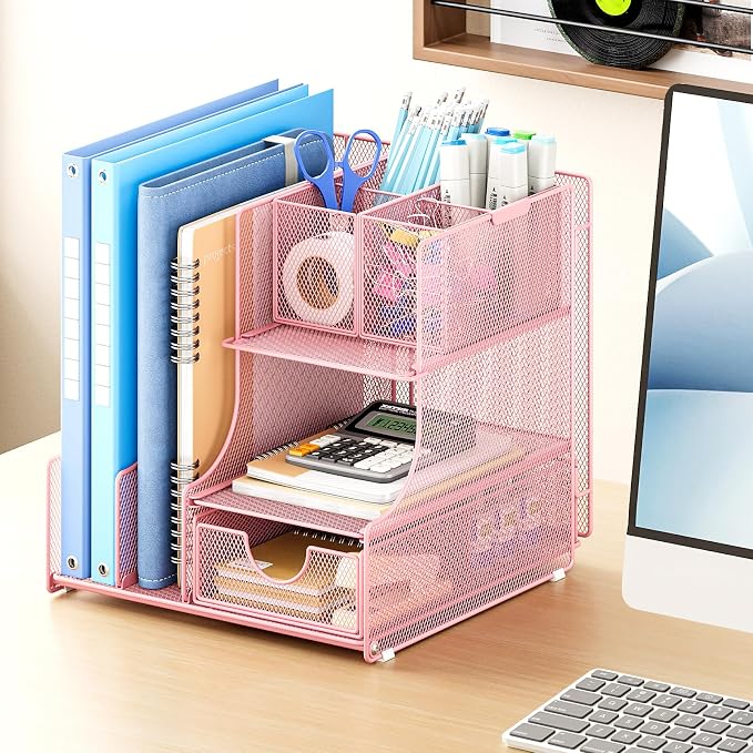 Lavatino Desk Organizer – 4-in-1 Pink Mesh Office Supplies Organizer with Pen Holder, File Holder, Desktop Tray, and Drawer for Home, Office, Classroom