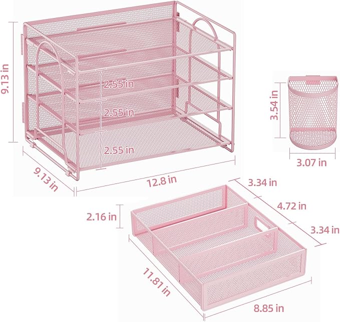 Marbrasse Desk Organizer, 4-Tier Paper File Letter Tray, Pink-2P | Sturdy Paper Tray, File Holder, Built-in Drawer, 2 Pen Slots, fits Letters/Files, for School Home Office Supplies