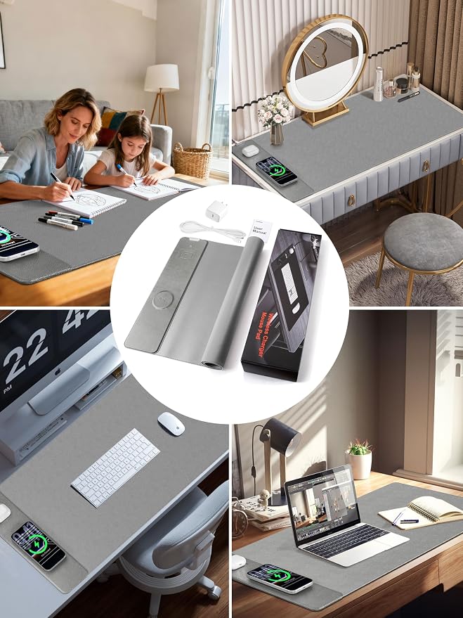 TopMade Mouse Pad with 15W Wireless Charging, XXL Large Leather Desk Mat, Waterproof Gaming Mousepad Home Office Desk Pad Protector, Gray (Includes 20W PD Power Adapter & 6.56ft Woven Cable)