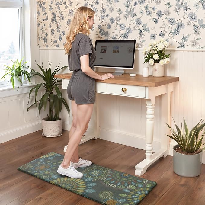 GENIMO Anti Fatigue Kitchen Mats for Floor 2PCS, Cushioned Standing Mats | 17.3"x47"&17.3"x30", Olive Green vintage floral rug set, waterproof, non slip, easy-clean for farmhouse