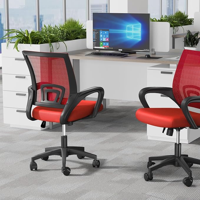 OS MOTOR Ergonomic Mid-Back Mesh Office Chair (Red) | Lumbar Support, Adjustable Height, Swivel Rolling Design, Comfy Armrest, Home, Office, Work, Study, Gaming, Vanity