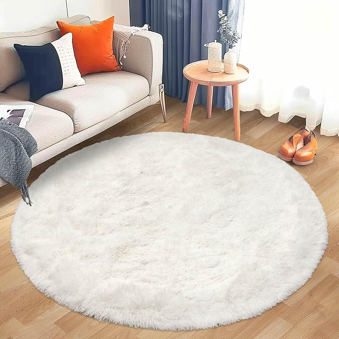 Awaytail Round Fluffy Cream Rug - 4FT Super Soft Circle Shaggy Plush Fuzzy Furry Carpet for Kids & Nursery