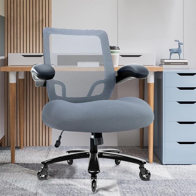 Kassipo 500LBS Big and Tall Office Chair with Flip-Up Armrests, Heavy Duty Office Chair for Heavy People, Memory Foam Seat Filling Springs, Grey