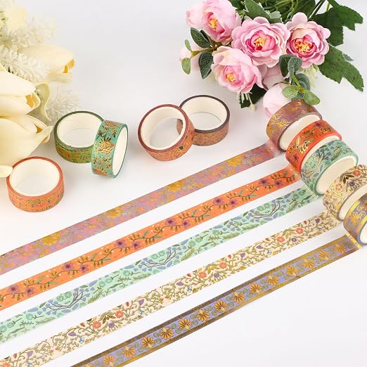 Gold Foil Floral Decorative Tape Set 20 Rolls Washi Tape Aesthetic DIY Art Masking Tape for Kids Craft Notebook Planner Book Scrapbooking & Stamping Supplies Gift Wrapping