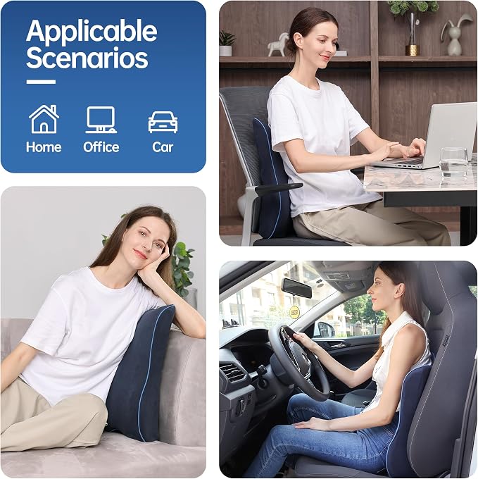 Plush Comfortable Memory Foam Lumbar Support Pillow - Soft Back Cushion for Office Chair, Car Seat, Gaming Chair - Ergonomic Lower Back Pain Relief with Adjustable Straps & Washable Cover-Navy Blue