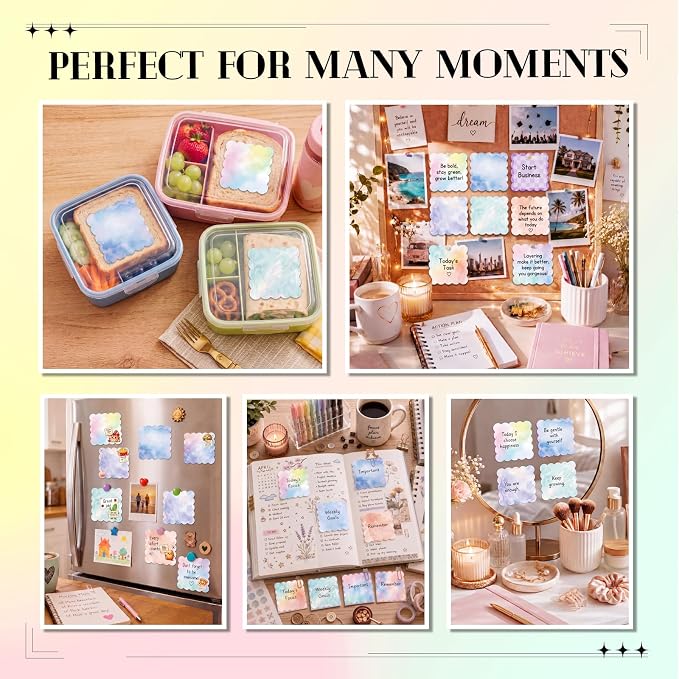 9 Pcs Scalloped Aesthetic Sticky Notes 3x3 Inch Vintage Colors Cute Wavy Self Sticky Note Pads Memo Pads for Journal School Office Supplies Decoupage Craft Stationery Gift(Watercolor)