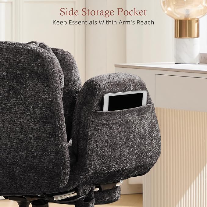 Criss Cross Office Chair with Footrest and 5-Gear Adjustable Arms, Black | Wide seat cross-legged desk chair, flip lumbar pillow, airbag support, chenille fabric, for home office vanity and meditation