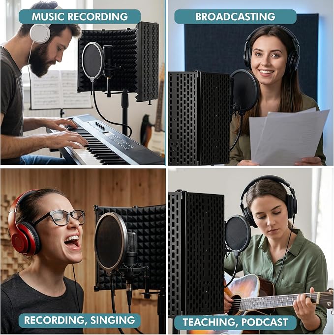 Microphone Stand With Isolation Shield,Recording Studio Equipment With Pop Filter,Heavy-Duty Desktop Stand, Foldable Mic Shield With Sound Insulation For Recording Studio, Podcasts,Broadcasting