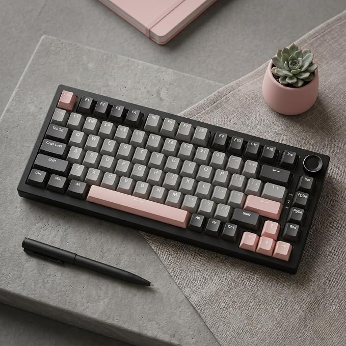 124 Keys Black Grey Pink Keycaps, PBT Double Shot Cherry Profile Keycap Set, Custom Mechanical Keyboard Keycaps for 60% 65% 75% 87% 100% ANSI Layout,Cherry Mx Switches