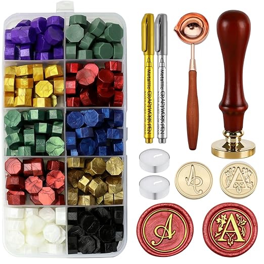 Letter Wax Seal Stamp Kit - Initial Alphabet A Stamp Head 2pcs, Vintage Monogram Stamps Wax Seal Kit with 200pcs Assorted Sealing Beads, Spoon, Metallic Gold Silver Pens