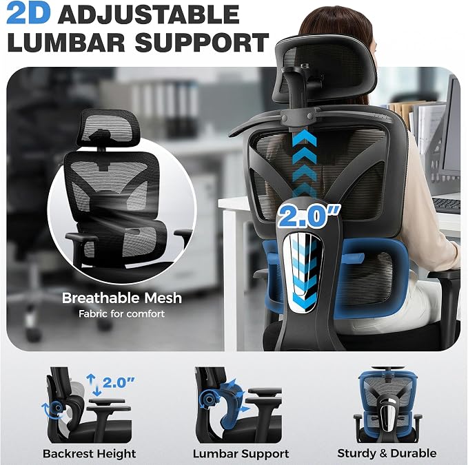 Ergonomic Desk Chair, Breathable Mesh Office Chair for Long Hours, 6 Pack | Adjustable Lumbar Support for Back Pain Relief, 4.33'' Thick Foam Cushion, 3D Headrest, Computer Chair for Home Office, Black
