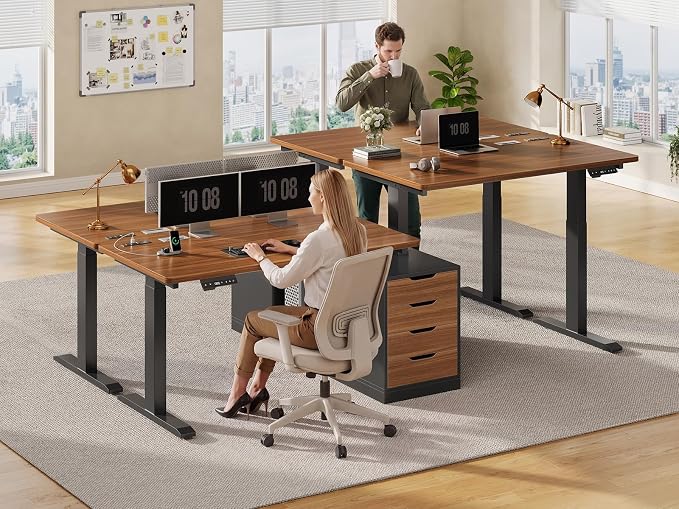 SEDETA Standing Two Person Desk, 94'' Long Computer Desk with 4 Drawers, 2 Power Outlets, CPU Stand, Electric Height Adjustable 2 Person Desk with Cable Management for Home Office, Black+Brown