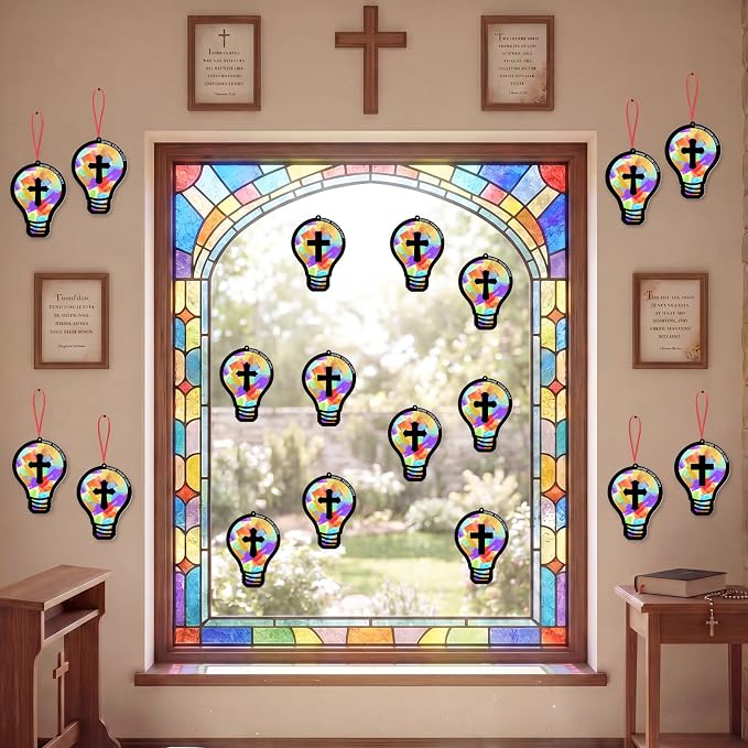 Renbuzhu 48PCS Sunday School VBS Crafts Bulk: Paper Lightbulb Cross Nativity Suncatchers, Jesus Religious Christian Activity DIY Kits Church Decorations, Window Stained Glass Effect Art Supplies