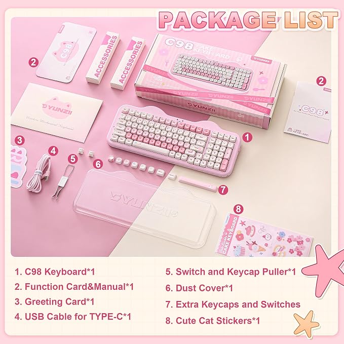 YUNZII C98 Wireless Mechanical Keyboard with Number Pad,99 Key BT5.0/2.4G/USB-C Hot Swap Gasket Mount with PBT MOA Keycaps,Custom RGB,Cute Cake Keyboard for Win/Mac (Pink, Milk V2 Linear Switch)