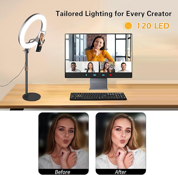 10” Desk Ring Light with Stand, LED Circle Light with Phone Holder for Computer Laptop Zoom Meetings, Video Calls, Streaming, Online Classes, Home Office