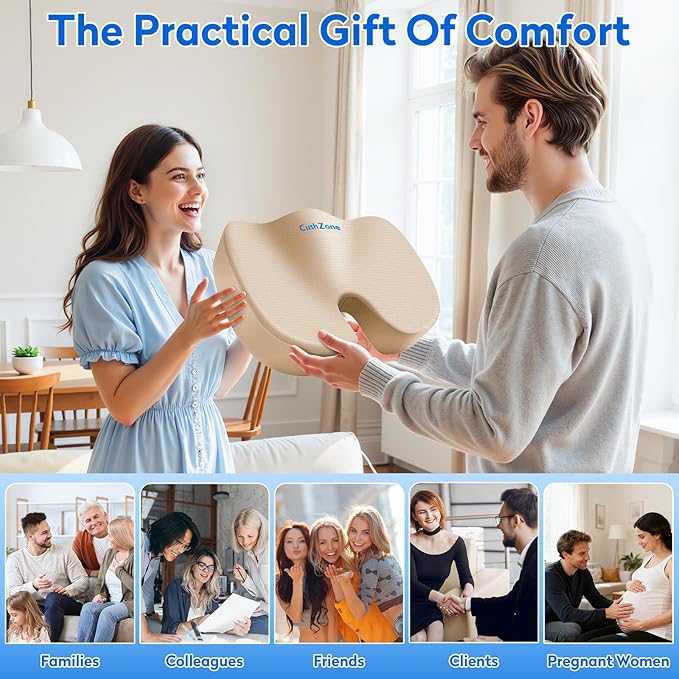 CushZone Seat Cushion, Office Chair Cushions, Car Seat Cushion, Non-Slip Sciatica & Back Coccyx Tailbone Pain Relief Chair Pad, Memory Foam (Khaki)