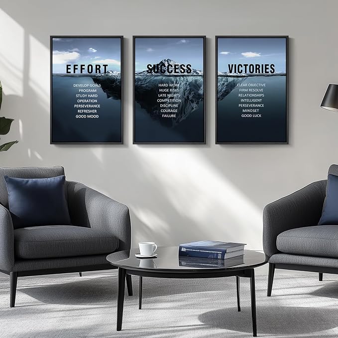 Framed Motivational Wall Art for Office Decor, Set of 3 Inspirational Modern Iceberg Canvas Wall Art Prints, Navy Blue Positive Quotes Pictures for Home Office Gym Library Wall Decor, 16x24 Inch