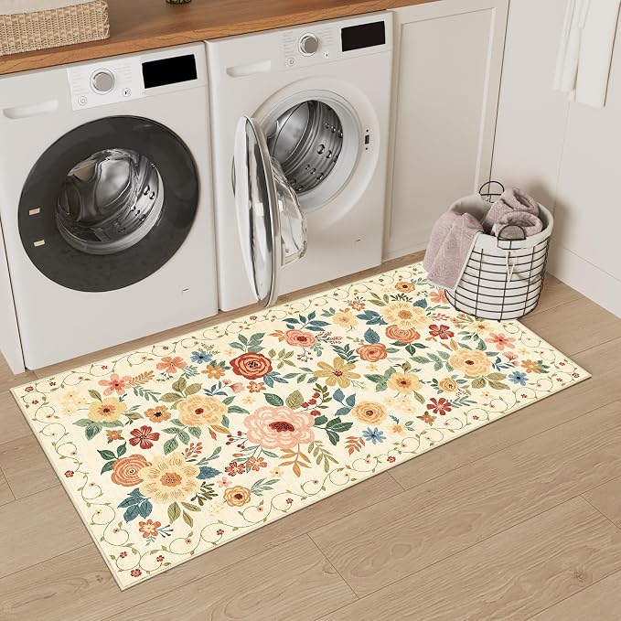 DUKINO 2x4 Rug for Entryway, Washable Kitchen Floral Runner Rug with Non Slip Backing, Low Pile Soft Boho Carpet for Kitchen, Hallway, Entryway, Laundry, Bedroom, Beige Yellow
