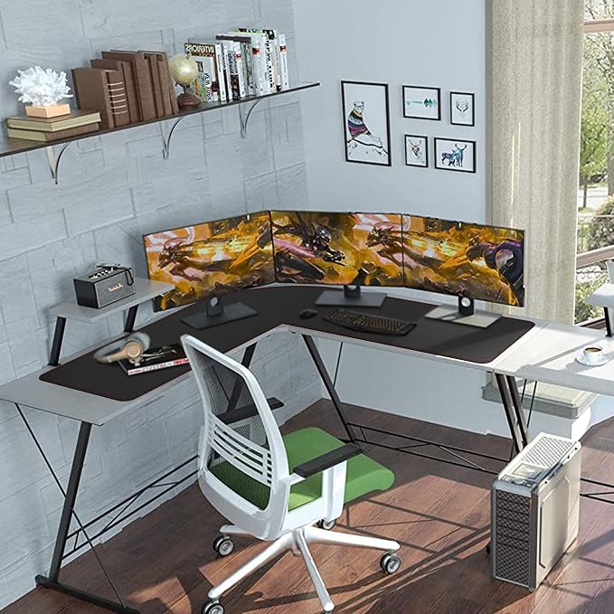 ZORESYN L-Shaped Gaming Desk Mat Mouse pad, Computer Corner Desk Pad, 47" Home Office Writing Desk Pad Protector, Large Waterproof PU Leather Corner Mousepad - Black, (120+120) x40cm