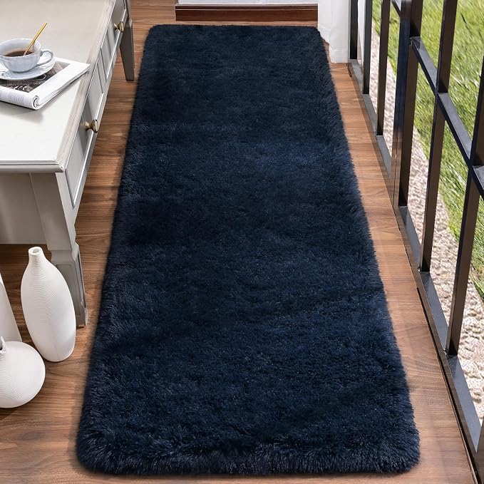 HOMORE 2'x6' Runner Rugs for Bedroom, Navy Blue Ruuner Rug for Hallway Entryway Laundry, Modern Shag Bedroom Runner Cute Carpets for Kids Dorm Bedside